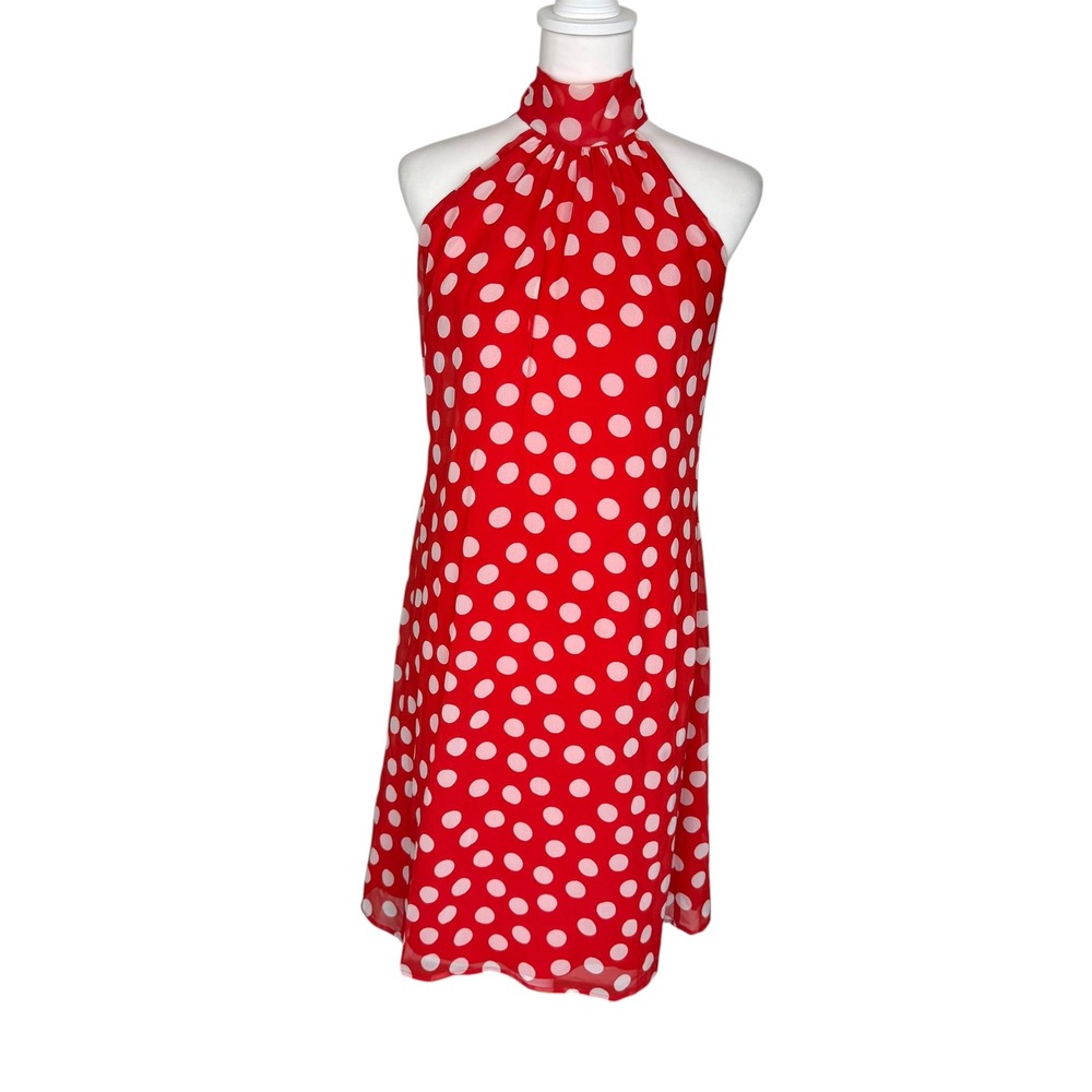 Jonathan Martin Red White Polka Dot‎ Halter Neck Tie Back Shift Dress Womens 6